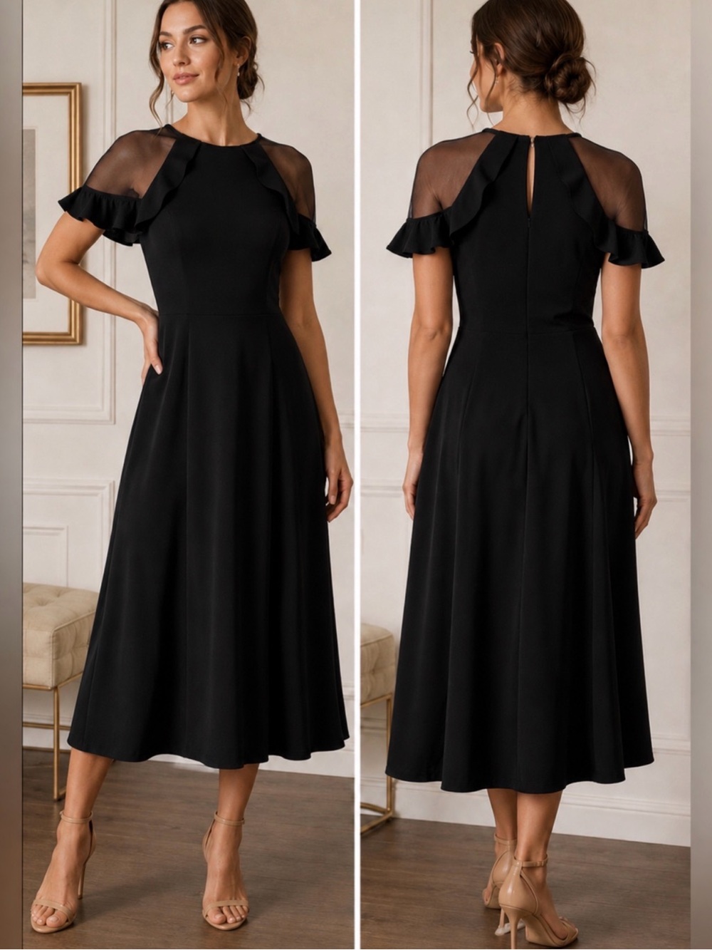 Muadress Black Mesh Cold-Shoulder Fit & Flare Midi Dress – Size Medium